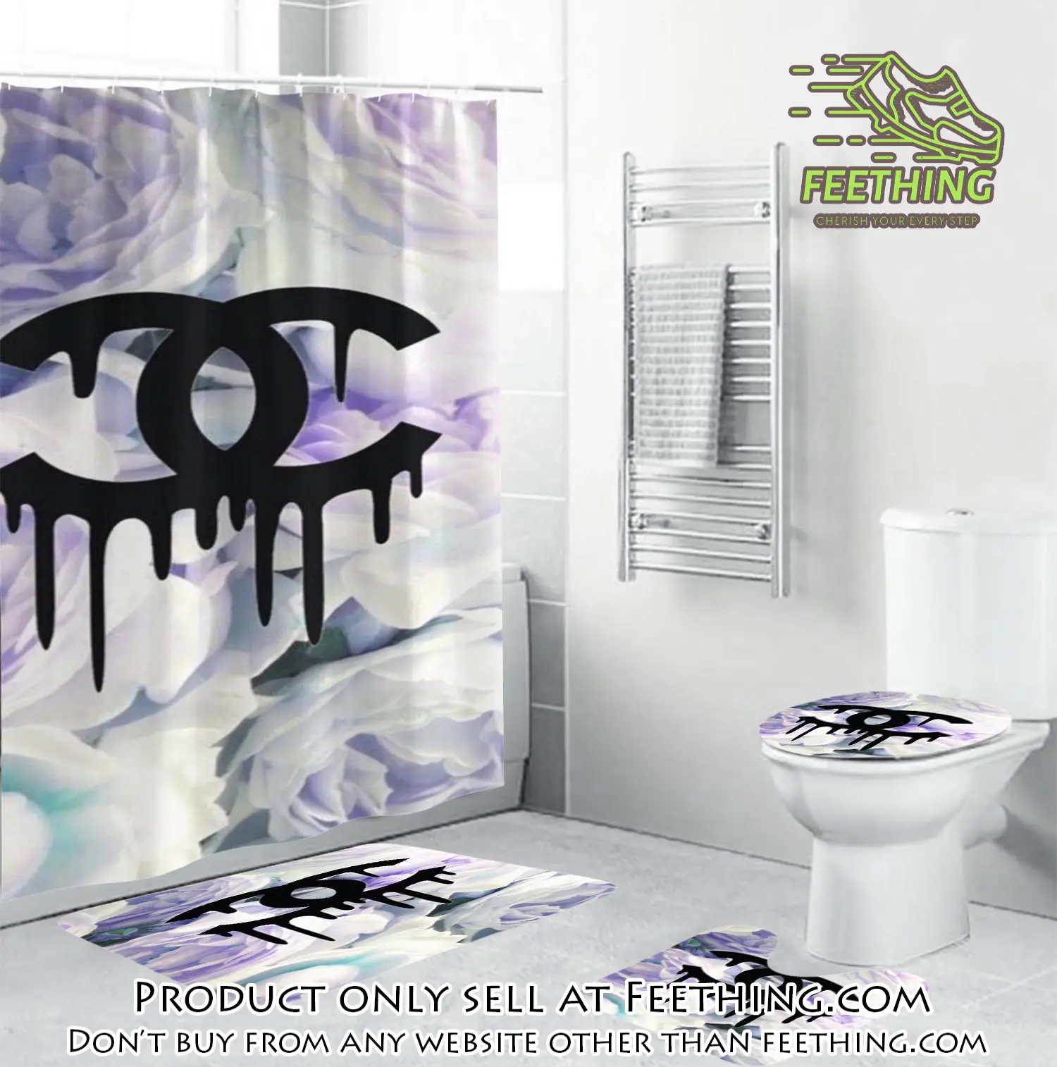 Coco chanel black dripping logo in floral background bathroom set shower curtain ft3257160